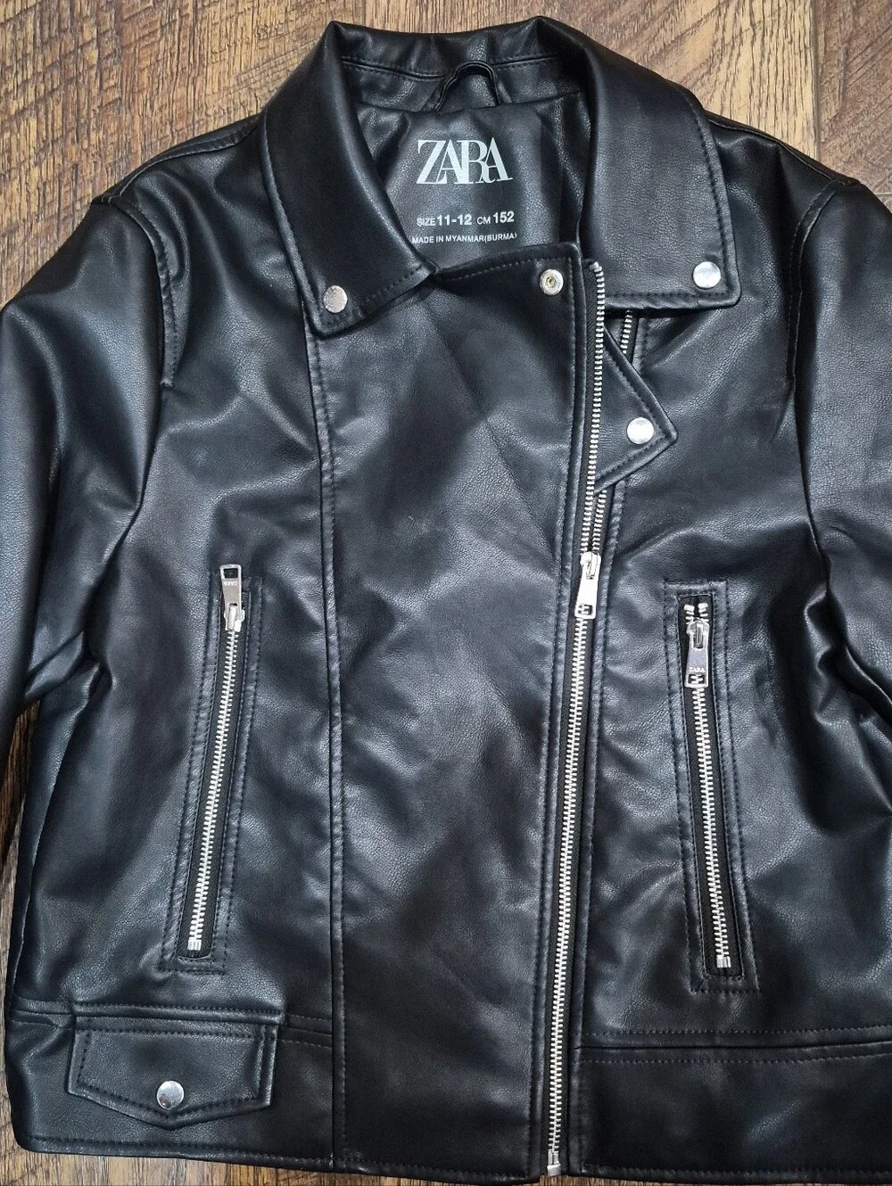 Zara Kids Black Faux Leather Biker Moto Jacket Girls size 11/12
